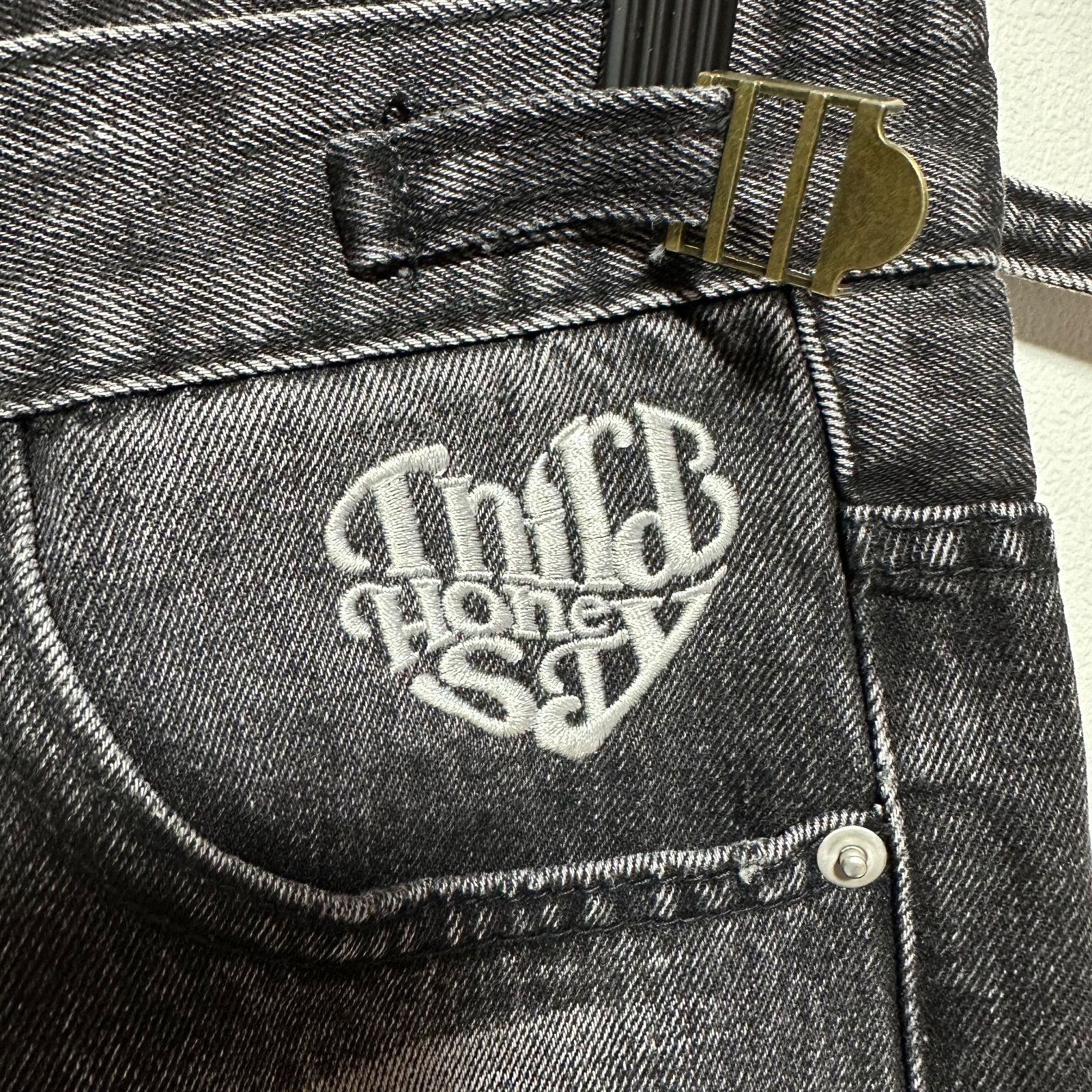 ATMARK アットマーク ブラック ワイドデニム S 刺繍ロゴ フェード加工 