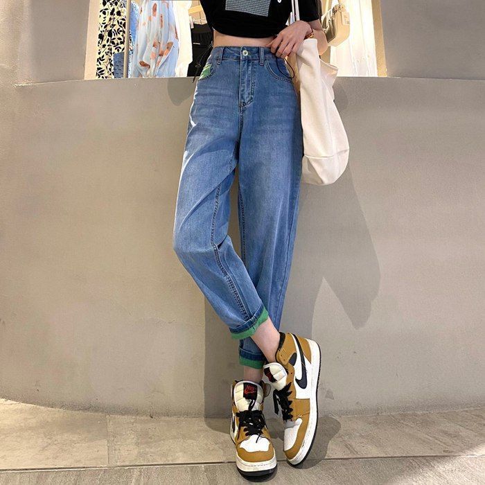 テーパードパンツ レディース ♥デニムパンツ ジーンズ ジーパン切り替え ロールアップ サルエルデニム 体型カバー ボトムス ハイウエスト ズボン 大きいサイズ 韓国ファッション menglai 01