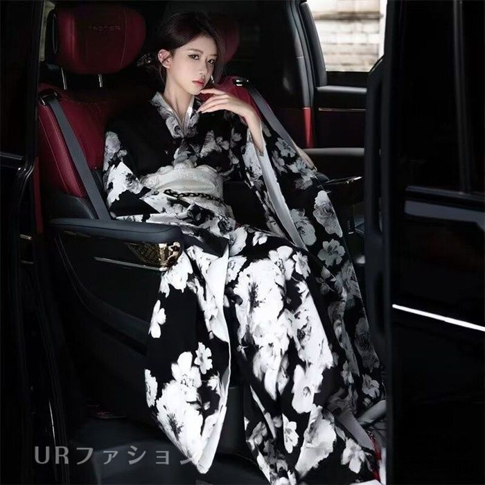 和服 浴衣 レディース 黒 ゆかた ワンピース 花火大会 女性 セット 花柄 大人 タイプ 帯飾り 髪飾り大きいサイズ mkyukata 12