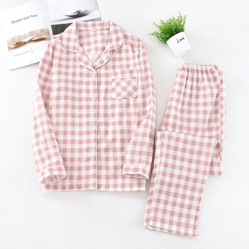 ルームウェア レディース ♥ メンズ 上下セット ダブルガーゼ 綿 チェック柄 パジャマ 柔らか ナイトウェア 部屋着 長袖 ロングパンツ ウエストゴム おしゃれ 寝間着 セットアップ リラックスウェア liangyi 81