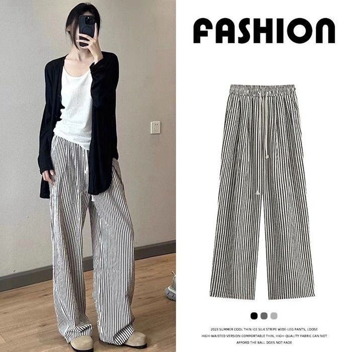 ワイドパンツ ロングパンツ レディース ストライプパンツ ボトムス リラックスパンツ ワイド ロング丈 ウエストゴム ズボン 大きいサイズ 美脚 ゆったり カジュアル きれいめ 薄手 着痩せ 可愛い liuke 40