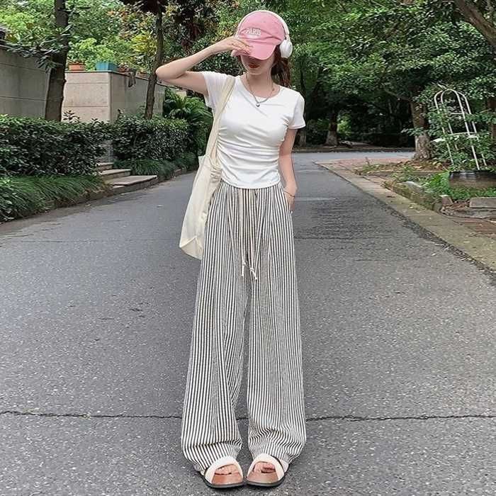  ワイドパンツ ロングパンツ レディース ストライプパンツ ボトムス リラックスパンツ ワイド ロング丈 ウエストゴム ズボン 大きいサイズ 美脚 ゆったり カジュアル きれいめ 薄手 着痩せ 可愛い liuke 40 ワイドパンツ イージーパンツ パンツ
