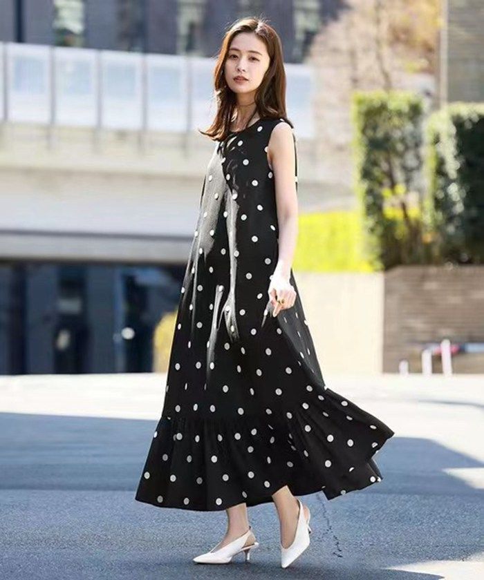ワンピース レディース ノースリーブ ロング丈 きれいめ 春 夏 秋 ドット柄 マーメイド ロングワンピース マーメイドシルエット 体型カバー 大きいサイズ シンプル カジュアル ゆったり 楽ちん xzzhang 249