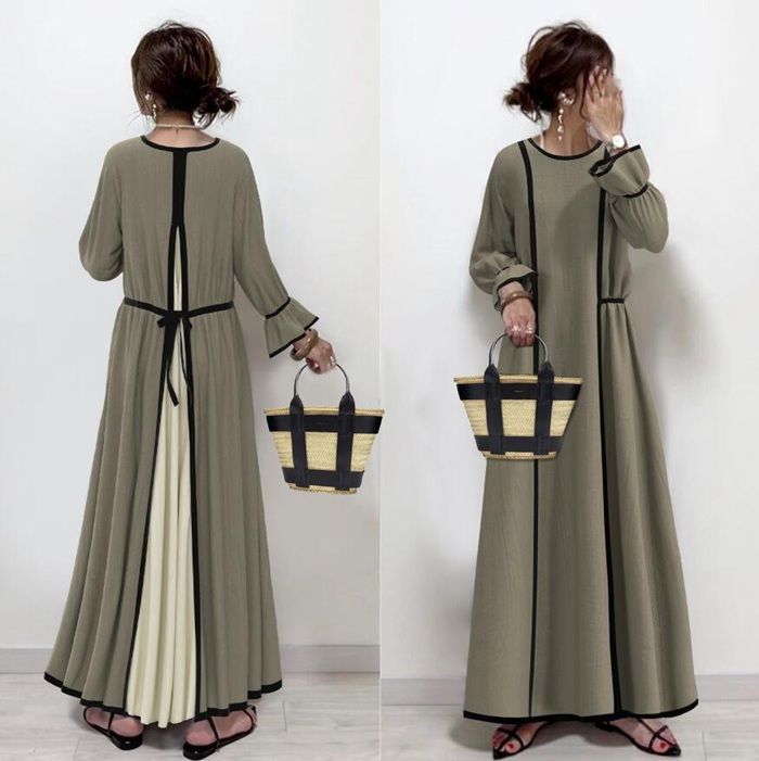 ス レイヤード風 ロングワンピース Aラインワンピース 重ね風 ロング丈 レディース プリーツ シンプル 切り替え 秋冬 長袖 着痩せ xzzhang 251