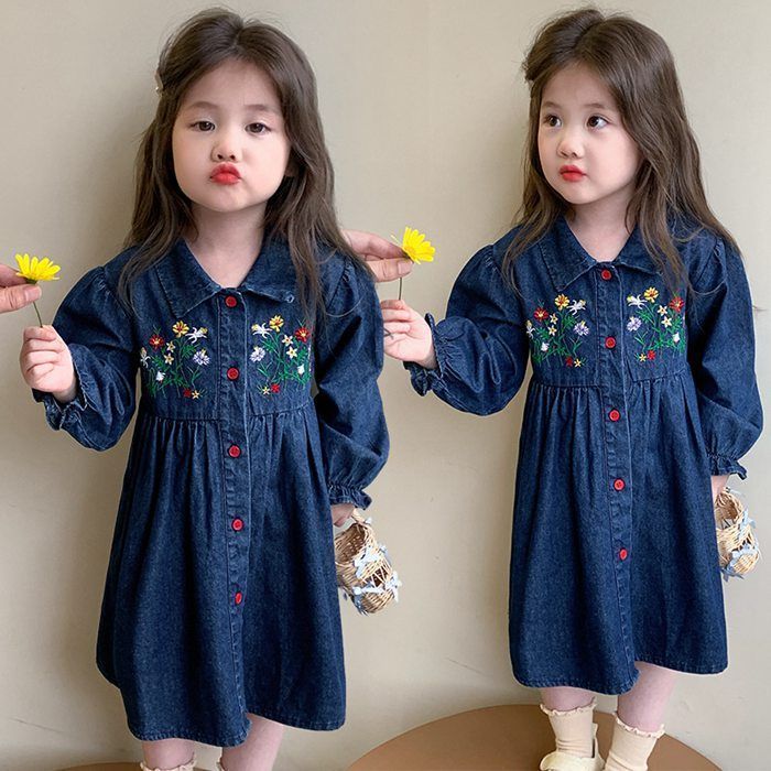子供服 ワンピース 長袖 女の子 デニム 花刺繍 キッズ 女児 小学生 可愛い おしゃれ カジュアル 90 cm 100 110 120 130 140 jinrui 18