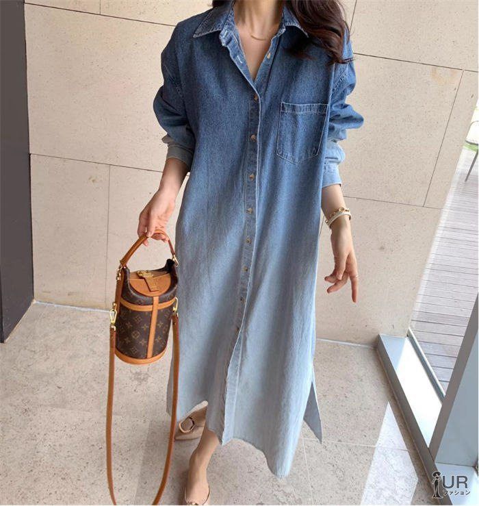 グラデーション デニムワンピース 長袖 ライトアウター 羽織り ロングワンピース シャツワンピース デニム 大きいサイズ ロングシャツ ロング シャツ シャツワンピ マキシワンピース マキシ丈 春 秋 きれいめ カジュアル huinn 001