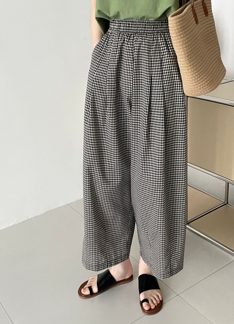 ワイドパンツ レディース アンクル丈 ギンガムチェック柄 イージーパンツ 綿麻風 パンツ ボトムス 大人カジュアル ナチュラル 森ガール ズボンバギー ウエストゴム 大きいサイズ taochuan 39