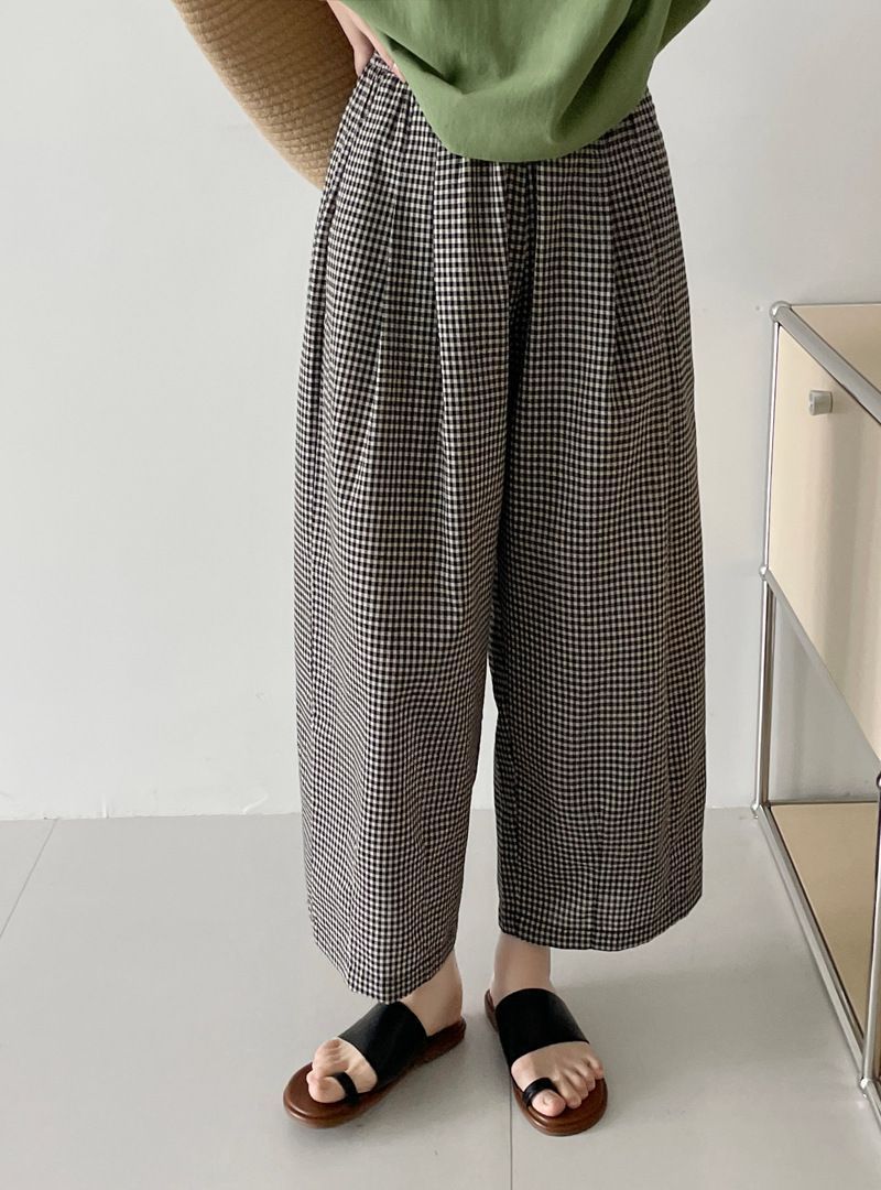 ワイドパンツ レディース アンクル丈 ギンガムチェック柄 イージーパンツ 綿麻風 パンツ ボトムス 大人カジュアル ナチュラル 森ガール ズボンバギー ウエストゴム 大きいサイズ taochuan 39
