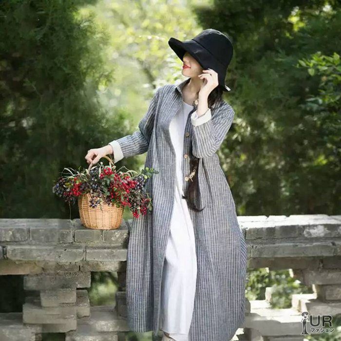 シャツワンピース レディース 長袖チュニック ロングシャツ 綿麻風 トップス ストライプ 襟付き シンプル カジュアル 通勤 通学 おしゃれ 大人 秋冬秋 20代 30代 40代 50代 chaoliu 228