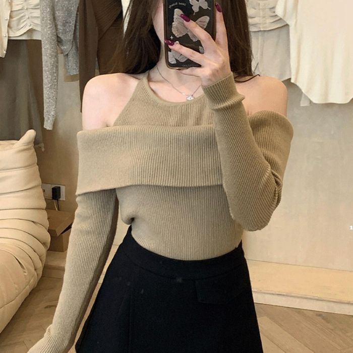 ニット オフショルダー レディース リブニット ホルターネック 重ね着風 ニットトップス ニットソー プルオーバー トップス 細身 スリム 春服 春 秋 秋物 カジュアル 可愛い インナー pffx 208