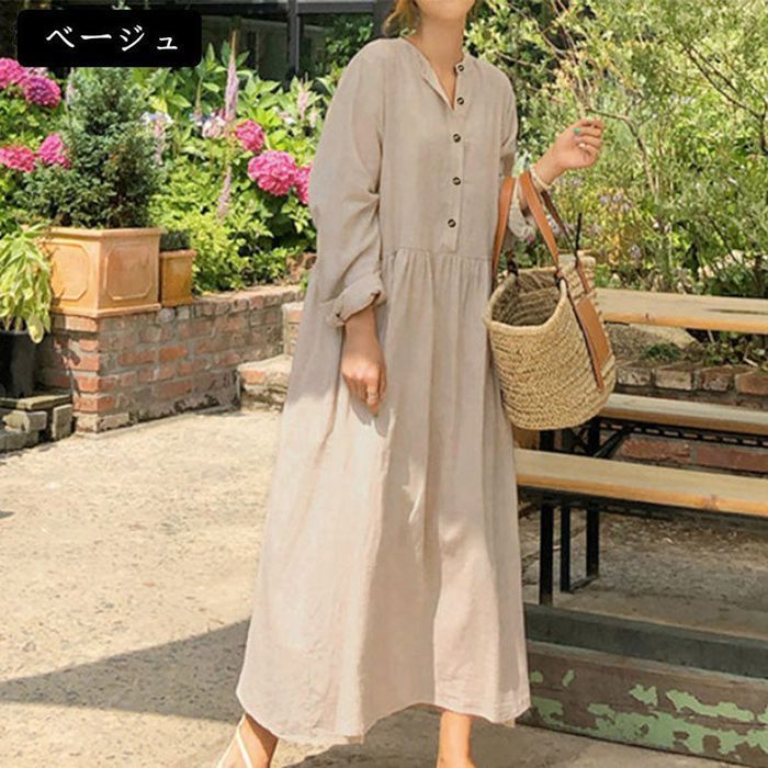 シャツワンピース 春 長袖 ワンピース ロング スタンドカラー ロングワンピース レディース フ aライン ギャザー aラインワンピース 綿麻風 リネンワンピース リネン 大きいサイズ yimengfs 001