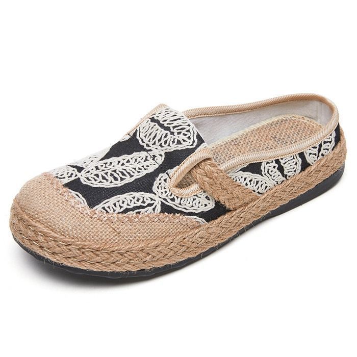 サンダル ジュートサボサンダル レディース 刺繍レース 厚底 黒 ブラック サボ ミュール 美脚 麻 23 0 5 24 25 大きいサイズ jinshiy 01