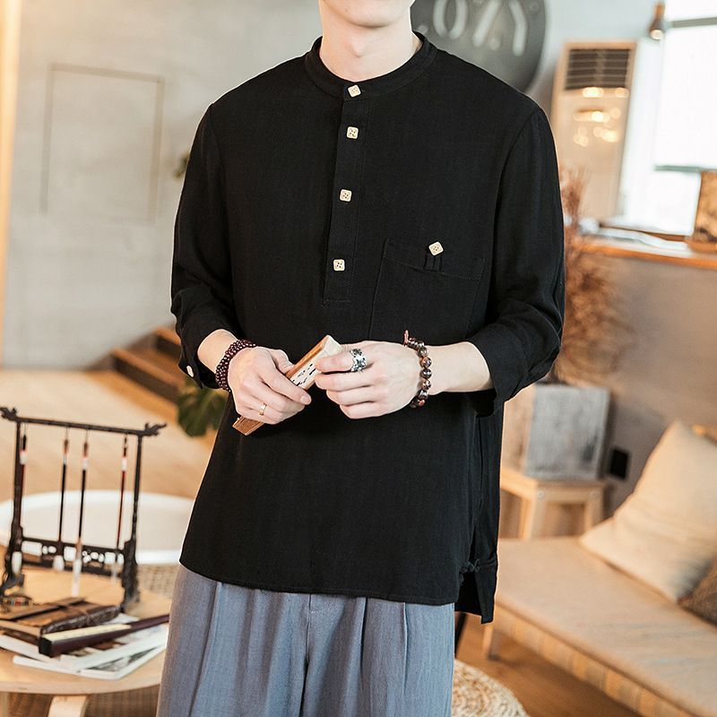 綿麻シャツ メンズ シャツ 七分袖シャツ リネンシャツ カジュアルシャツ トップス 通気 白シャツ カジュアル シンプル 無地おしゃれ かっこいい 夏 ファッション leize 02