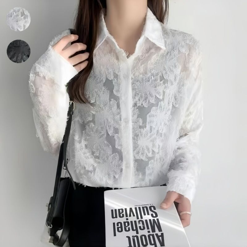 ブラウス レディース シースルー シャツ 花柄 刺繍 開襟 シフォン生地 トップス 長袖 シンプル カジュアル 大人可愛い おしゃれ ファッション 春 夏 秋 体型カバー レイヤード 重ね着 黒 白 cbrxx 22