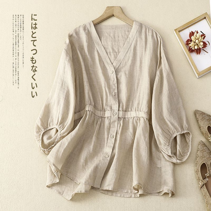 綿麻 ブラウス シャツ レディース 七分袖 リネンシャツ チュニック 体型カバー カジュアル ナチュラル トップス 大きいサイズ 夏 涼しい おしゃれ 文芸風 guyan 04