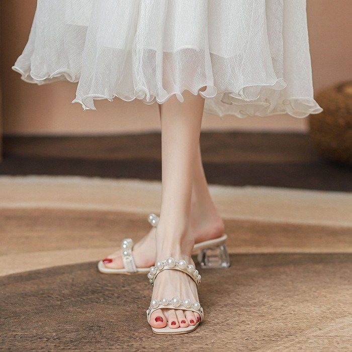 サンダル ストラップサンダル パール レディース クリアヒール スクエアトゥ 歩きやすい 滑りにくい きれいめ 太ヒール 通勤 オフィス パーティーサンダル yongli 05