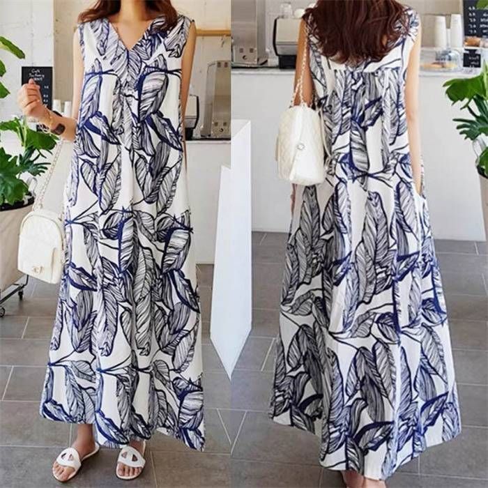 ワンピース ノースリーブ 花柄ワンピース キレイめ マキシ丈ワンピース 夏 ロング丈 リゾートワンピース 前後2 WAY 大きいサイズ ゆったり ロングワンピース chaoliux 15