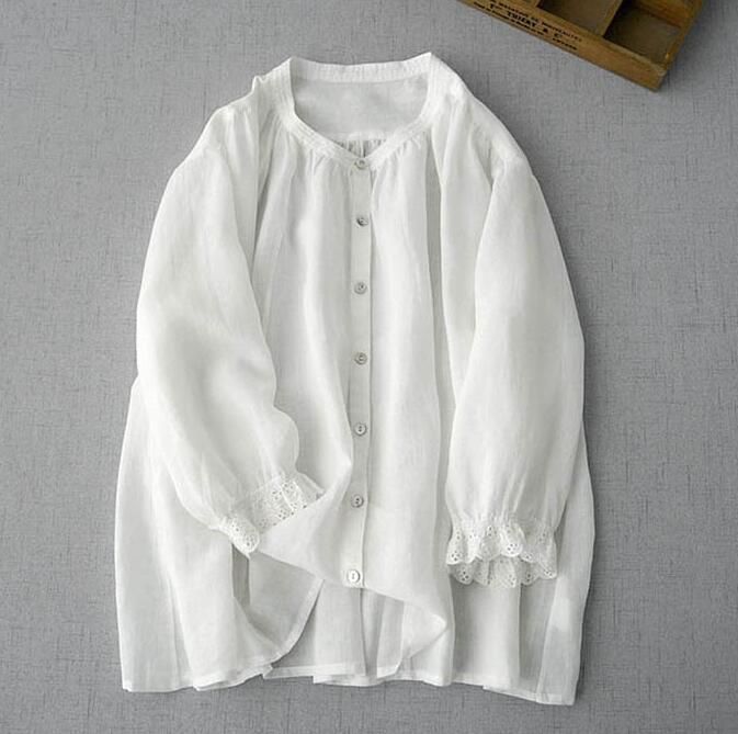 ブラウス レディース 七分袖 シャツ 綿麻風 シャツチュニック 無地シャツブラウス スタンドカラー リネン ふんわり ゆったり カジュアル ナチュラル haner 01