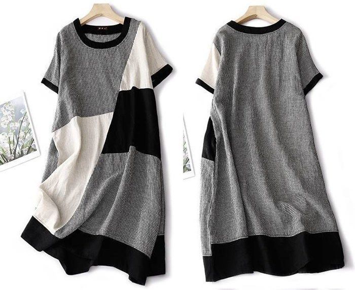 ワンピース レディース チェック 切替 夏 ロングワンピース 綿麻風ワンピ ミモレ丈 アシンメトリー フ ゆったり 薄手 リゾートワンピ キレイめ 体型カバー 着痩せ 大人可愛いxiongtian 01