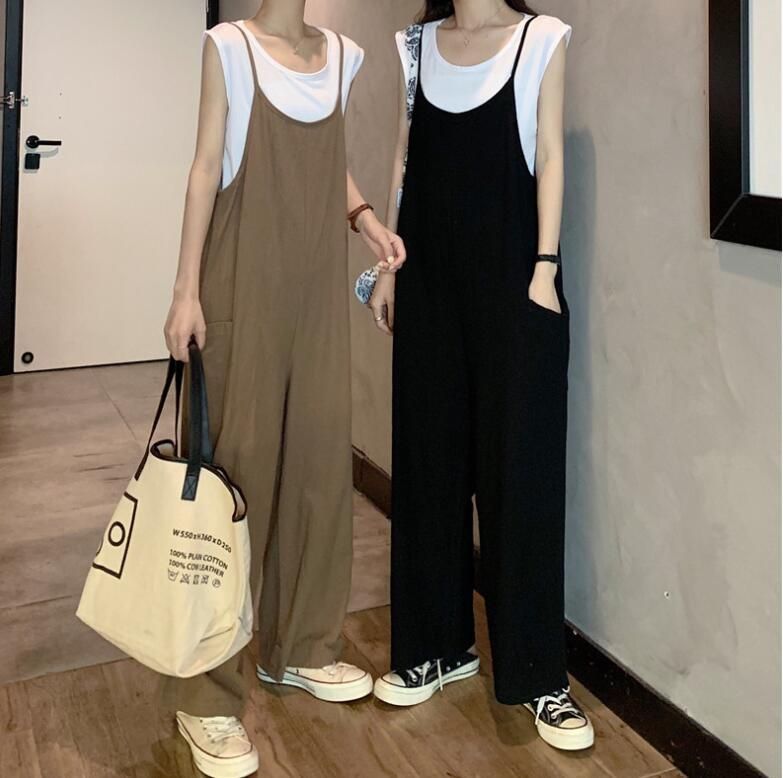 サロペット オールインワン レディース オーバーオール 綿麻 無地ロング丈 マキシ丈 薄手 ガウチョパンツ ワイドパンツ 春夏秋 オシャレ chaoliu 146