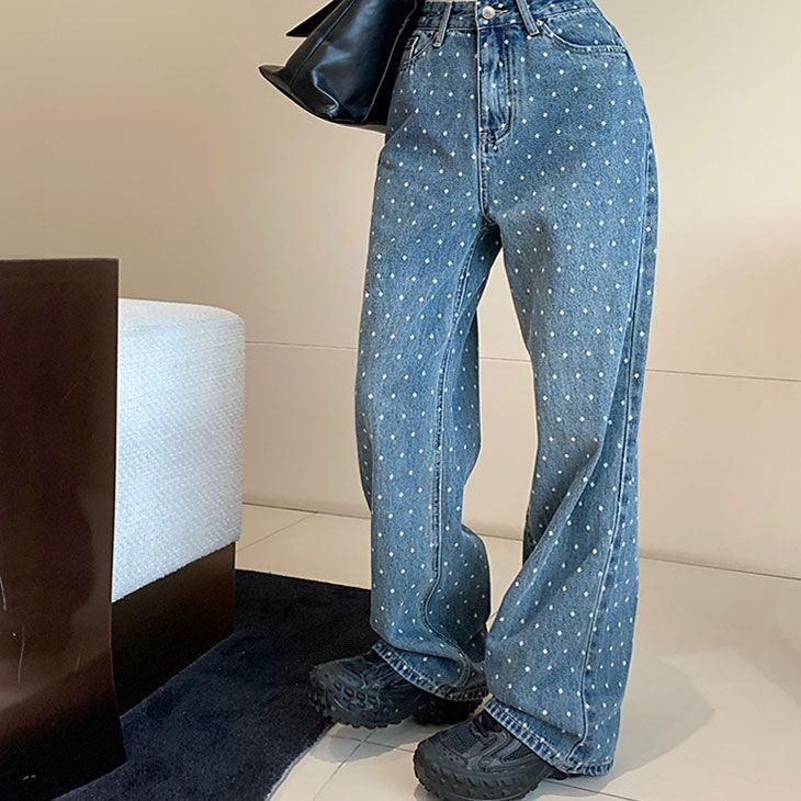 デニム ワイドレッグ パンツ レディース ジーンズ デニムパンツ ワイドパンツ ボトムス ドット柄 ユニセックス 男女兼用 メンズ 女性 男性 ゆったり シンプル きれいめ カジュアル 韓国ファッション suyinman 01
