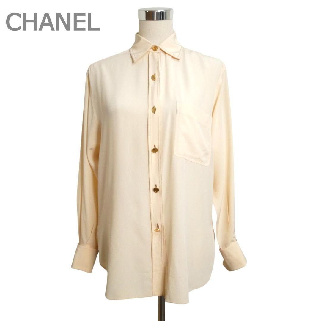 CHANEL シャネル サイズ36 シルク100％ カフスボタン 金ボタン ココマーク 長袖 シャツ ブラウス ベージュ レディース