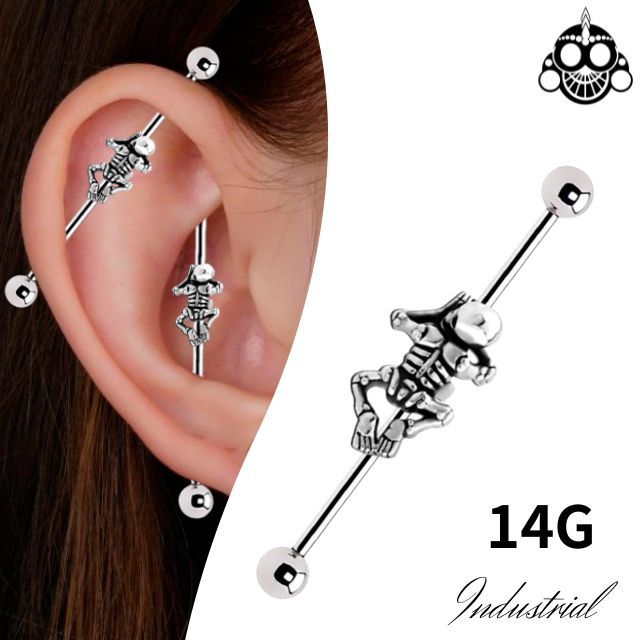 インダストリアル ピアス 14G 2WSY 立体 スカル 骸骨 ゴシックピアス
