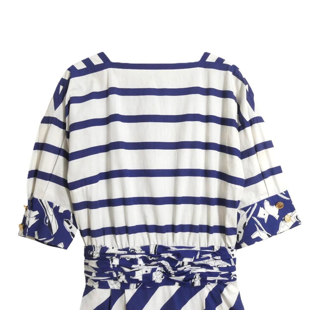 CHANEL シャネル サイズ約S ヴィンテージ ボーダー柄 レジメンタルストライプ ハーフボタン 金ボタン スクエアネック 五分袖 ロング ミモレ ワンピース ドレス ブルー ホワイト レディース