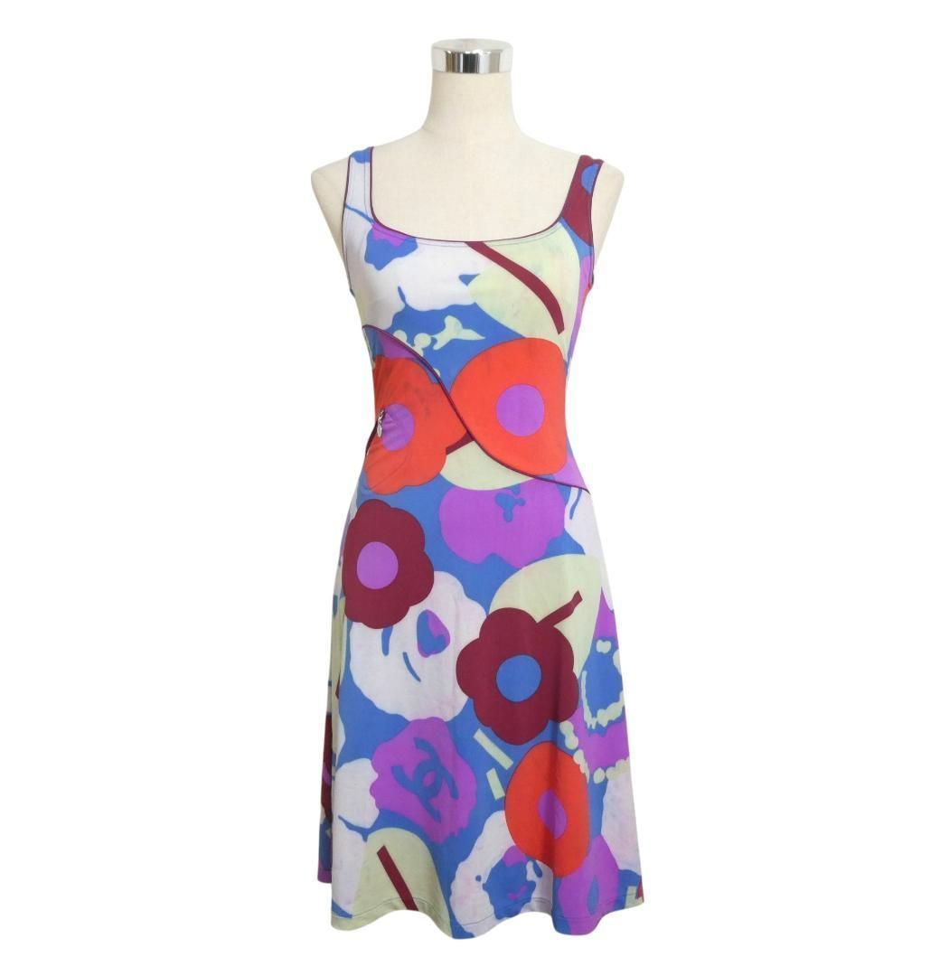 CHANEL シャネル サイズ38 ココマーク カメリア 総柄 ナイロン ストレッチ 膝丈 スクエアネック ノースリーブ ワンピース ドレス マルチカラー レディース