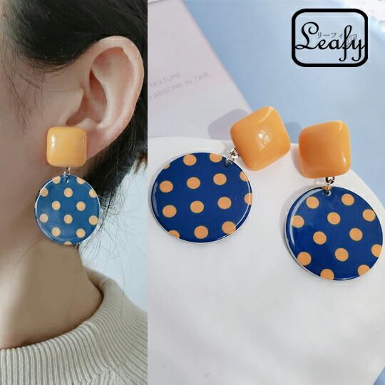 Leafy レトロだけどおしゃれ！ブルー＆イエローのポップなドットピアス