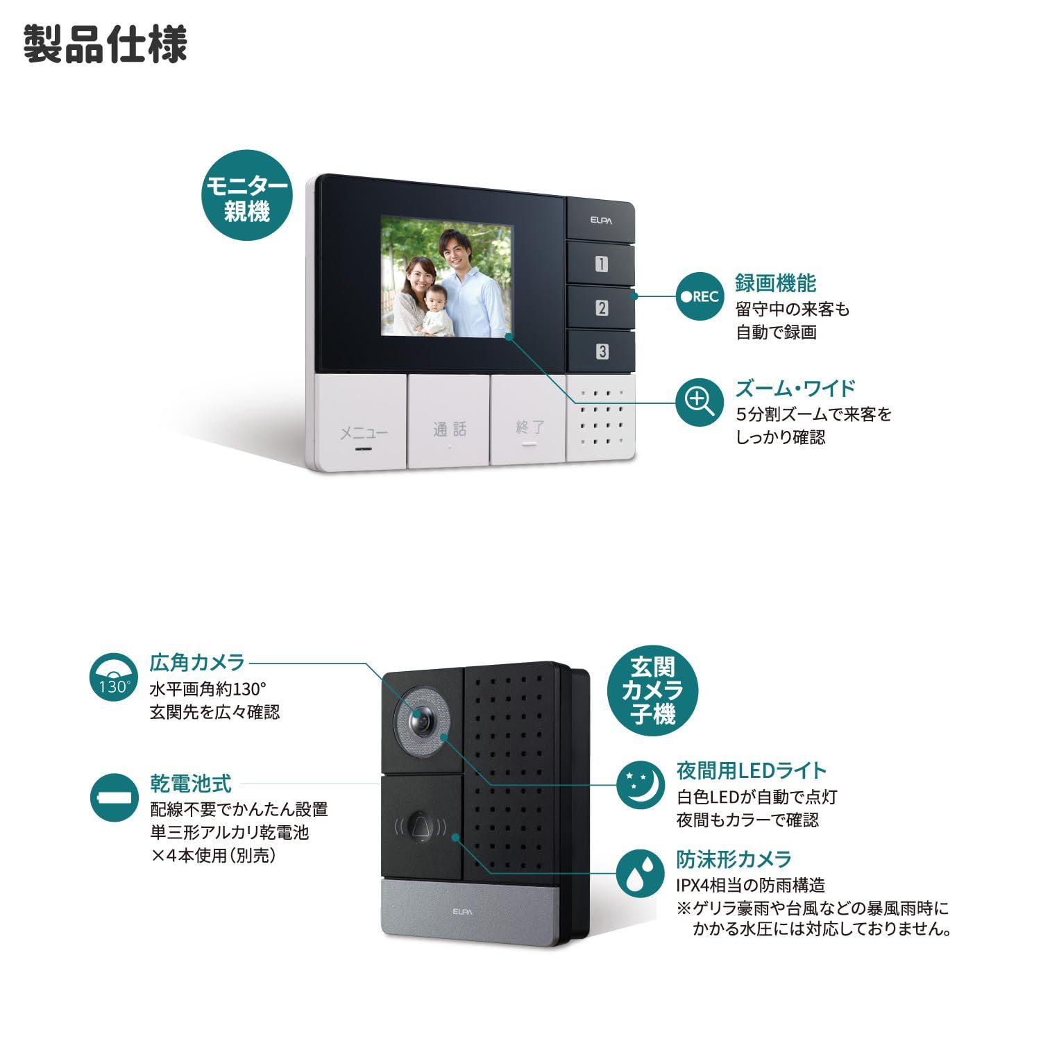  エルパ ELPA テレビドアホン DECTワイヤレスインターホン 配線工事不要 自動録画 親機1台カメラ子機1台セット DHS SM 2030 セット 玄関カメラ 親機 その他 防災関連グッズ