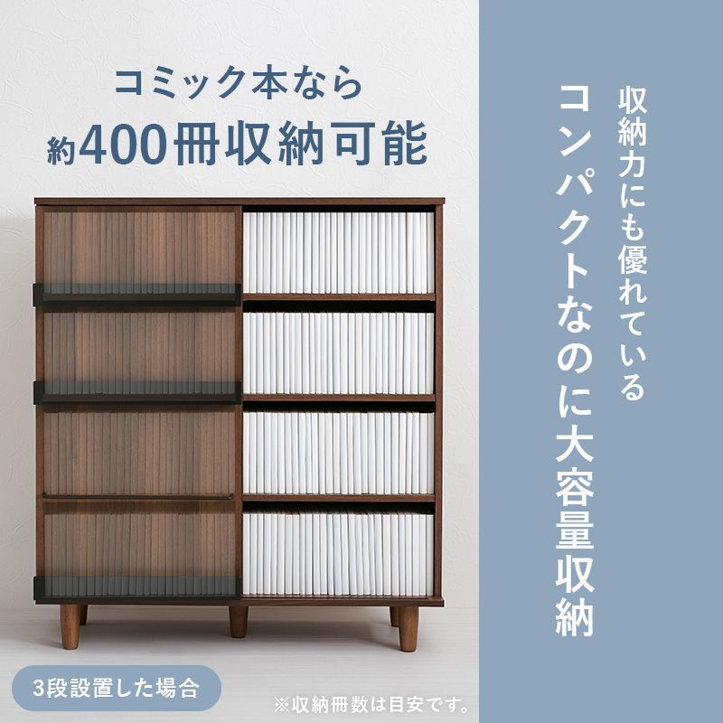 スライド扉付き 本棚 ディスプレイ 幅90cm 前後2段 コミック400冊収納