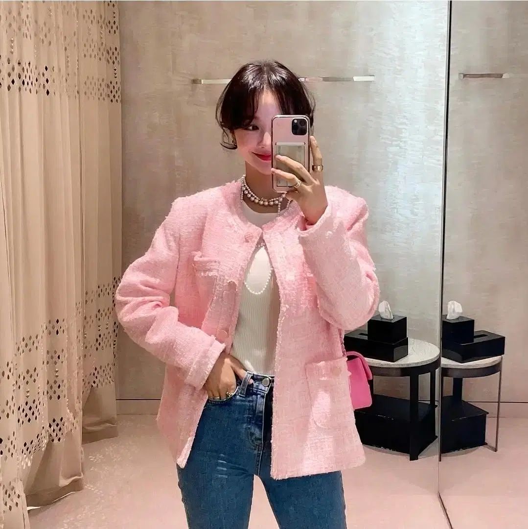 タグ付き イムブリー ピンク ツイード ジャケット