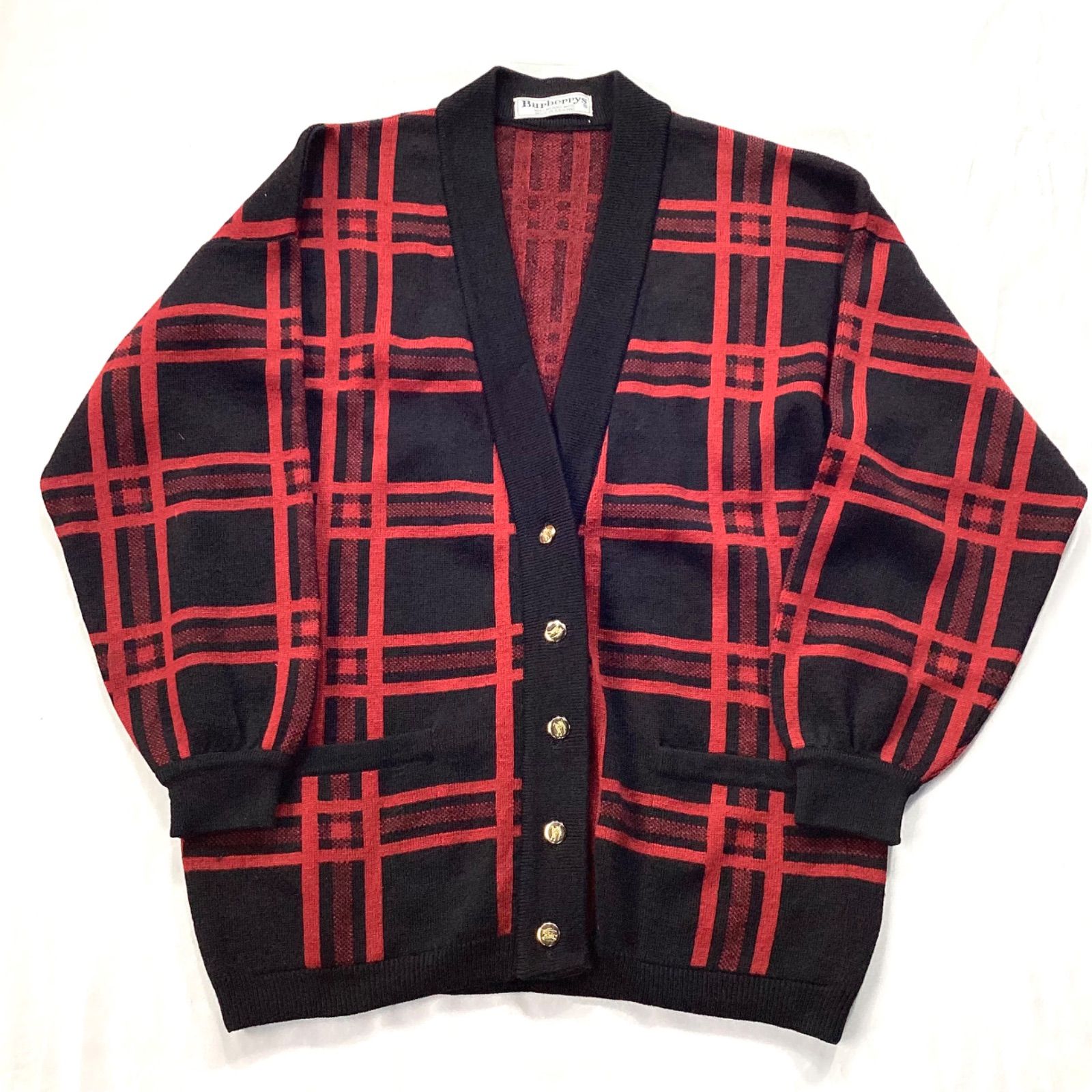 バーバリーズ カーディガン レッド ブラック チェック ヴィンテージ アーカイブ Y 2 K ウール 英国製 金ボタン サイズ36