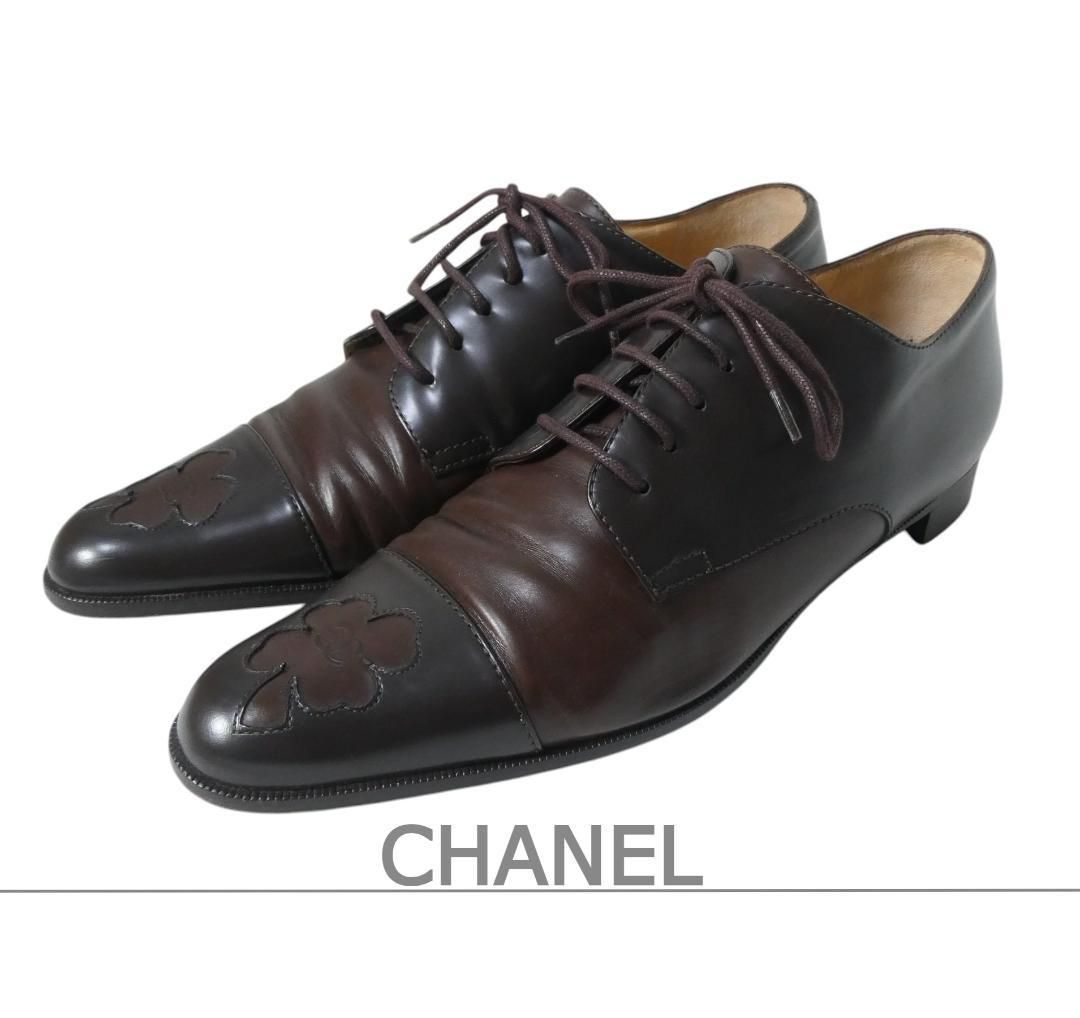 CHANEL シャネル サイズ37 C 約24㎝ ココマーク クローバー レザー ストレートチップ プレーントゥ レースアップ ドレスシューズ 革靴 ローファー ビジネスシューズ 茶 ブラウン レディース