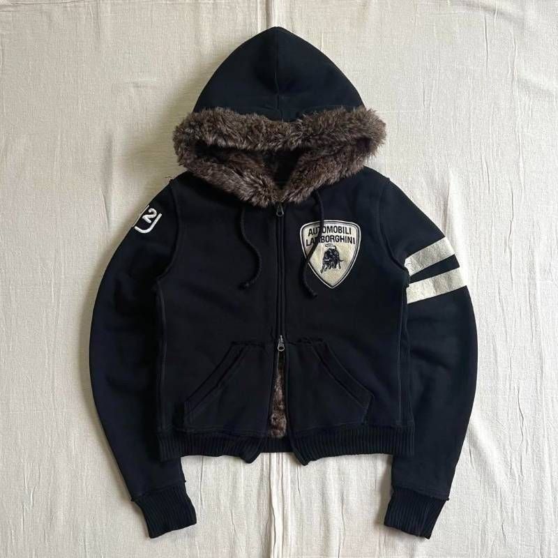 00 s archive ハイドロゲン ランボルギーニ コラボ ダブルネーム 裏ボア カットオフ加工 短丈Wジップアップパーカー 袖ライン エンブレムワッペン Y 2 K 平成ギャル boa zip up parka