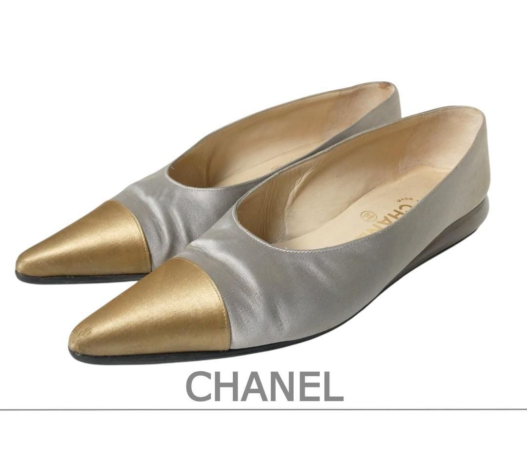 CHANEL シャネル サイズ37 約24㎝ バイカラー サテン ロゴ ポイン