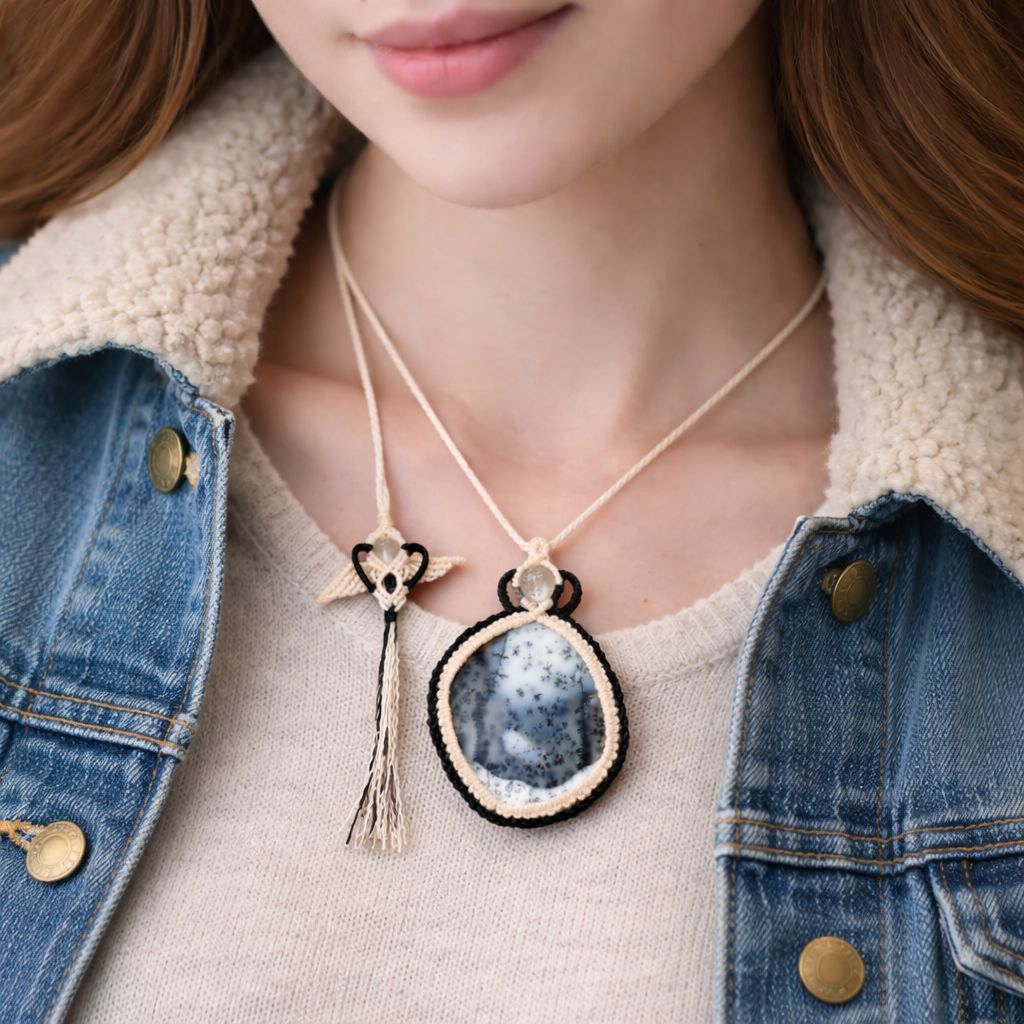 デンドライトオパール　ブルームーンストーン　マクラメ編みネックレス他1点同梱 デンドライトオパール ブルームーンストーン マクラメ編みネックレス他