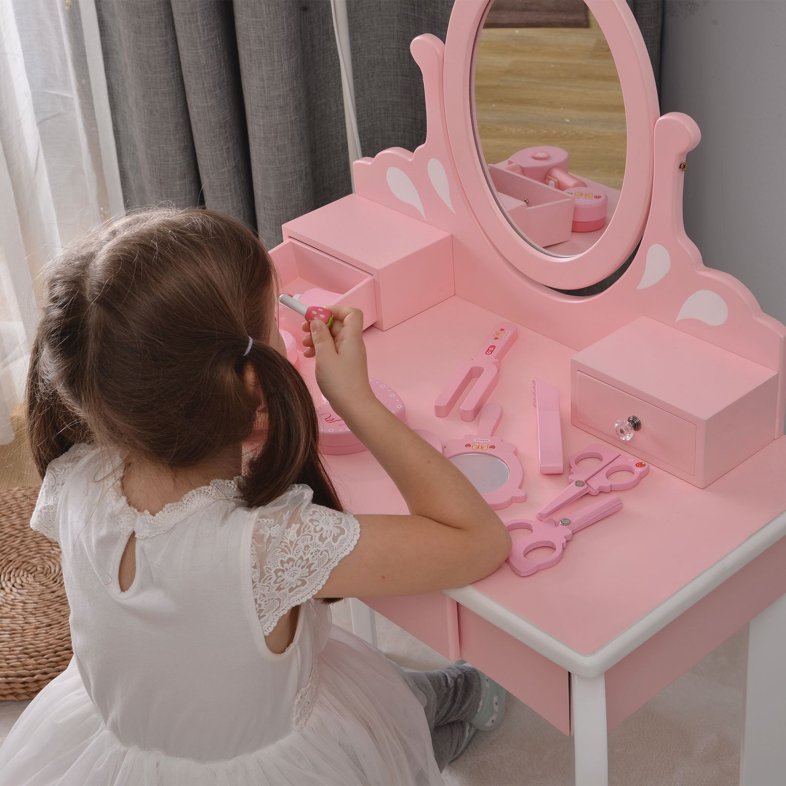 全新品 ままごとドレッサー ドレッサー 木製 化粧台 鏡台 スツール付き 