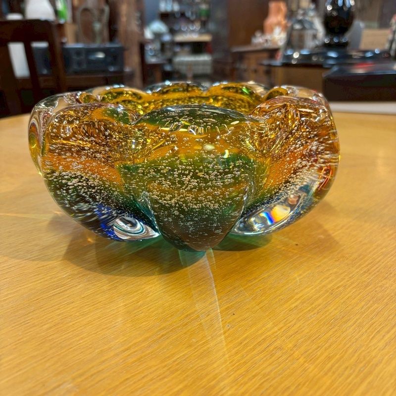 マルティグラス　灰皿　レトロ　オレンジ花柄　グリーン 昭和レトロ マルティグラス ガラス 灰皿 23cm 小物入れ 置物