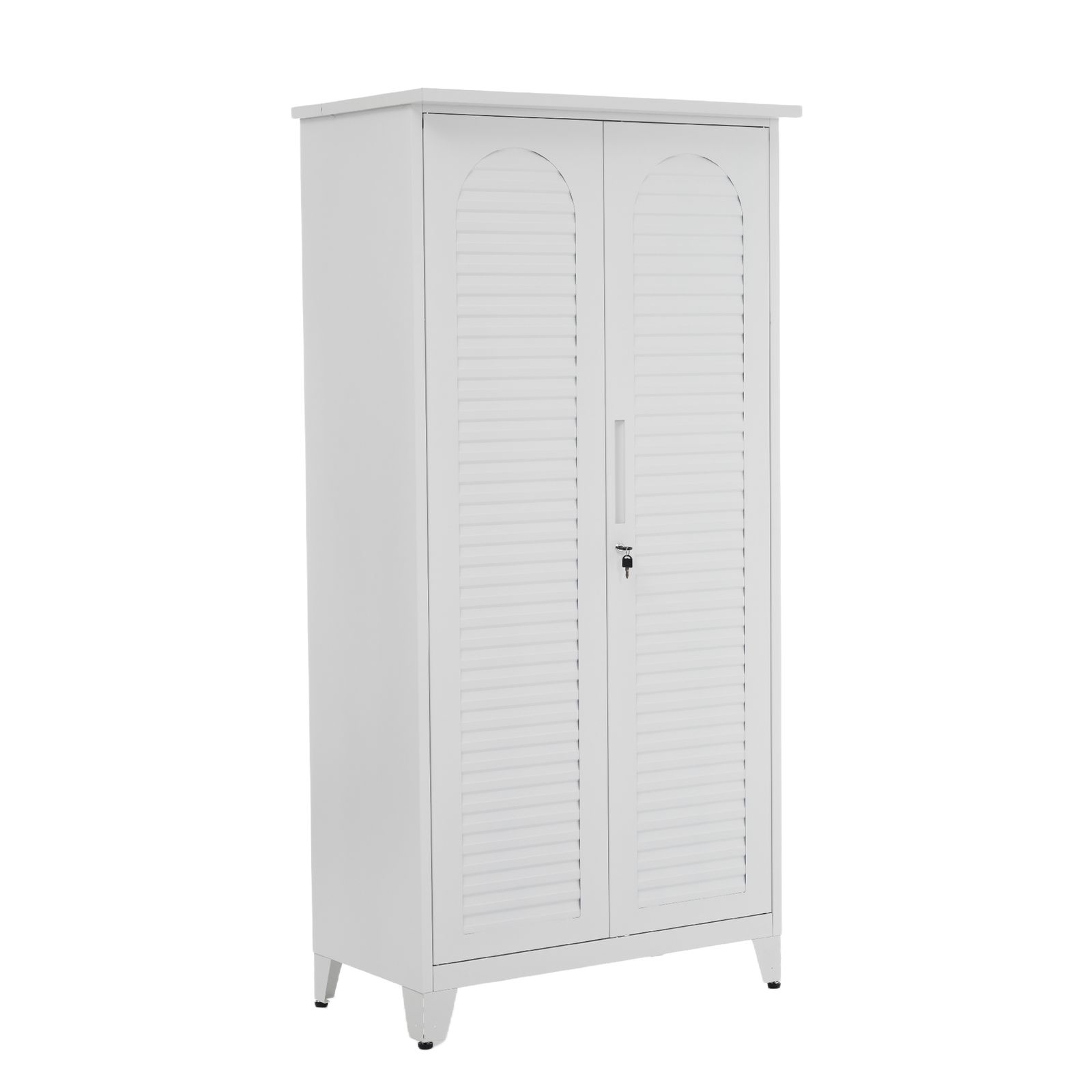 ホワイト 物置 収納庫 屋外 大型 倉庫 室外収納庫 屋外収納キャビネット 両開きドア 物置き台 収納ボード付き 収納ポール タオル掛け付き 鍵付き 掃除用具ロッカー 高さ185 cm