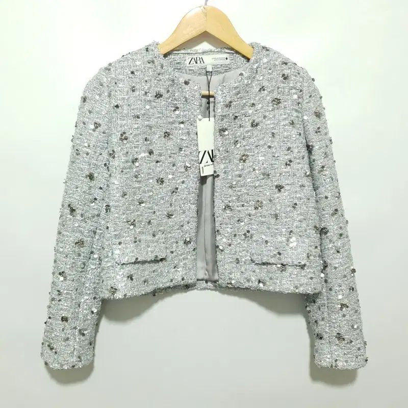 ザラ シークィン スパンコール ツイード オープン ジャケット XS_M 1714