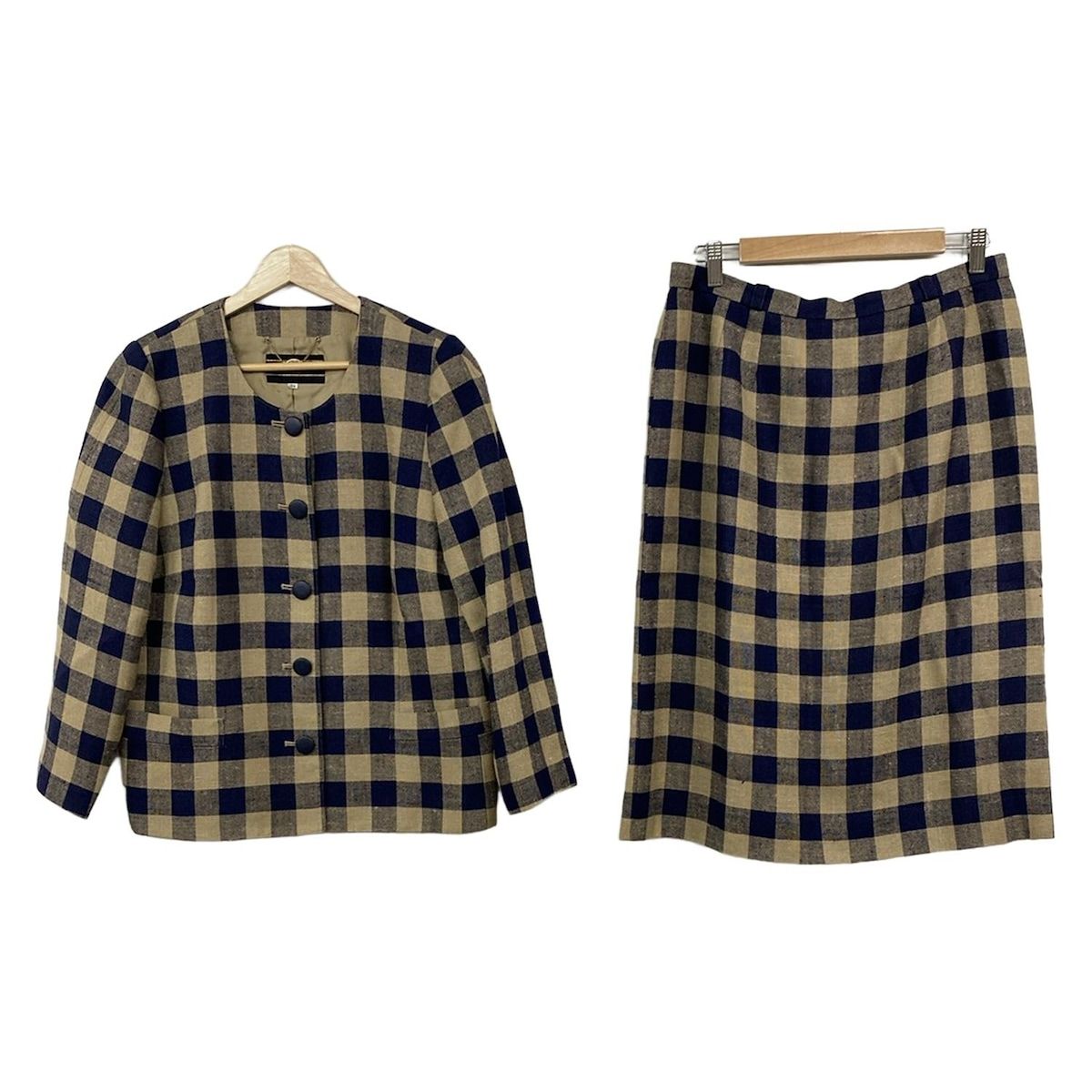 Leilian レリアン スカートスーツ レディース ベージュ ネイビー チェック柄