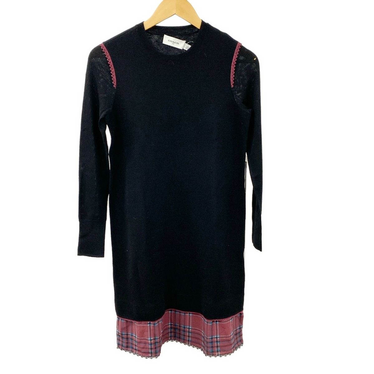 COACH コーチ ワンピース サイズXS レディース 黒 ボルドー ネイビー クルーネック 長袖 ひざ丈 ニット