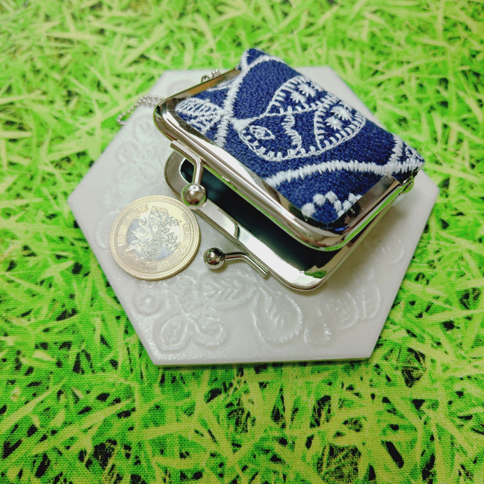 ミナペルホネン✨Symphony シンフォニー ネイビー 鳥✨がま口 コイン