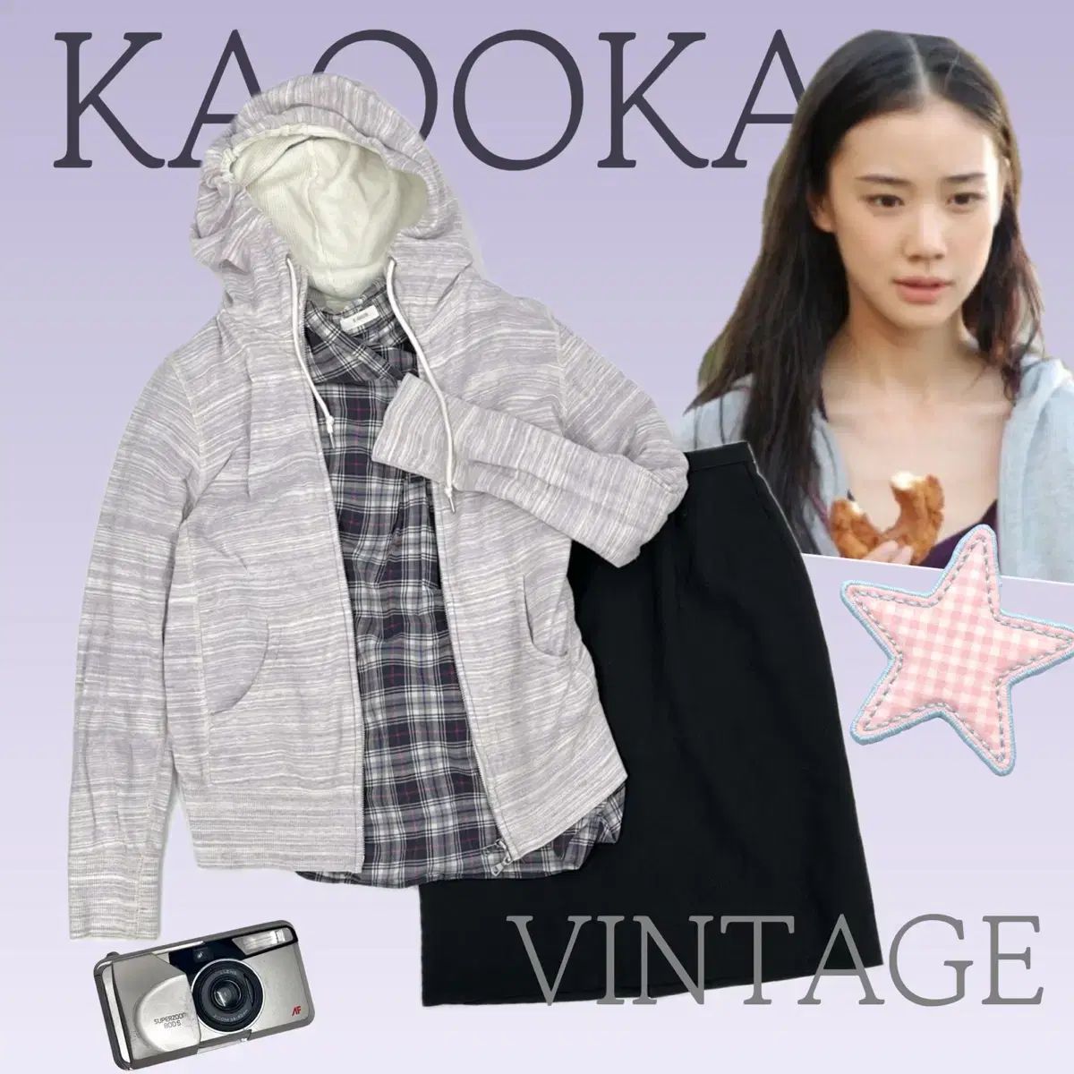 日本 ヴィンテージ すずこ の パープル フード コーデ CHECK スカート ミディ丈 レイヤード コーディネートセット