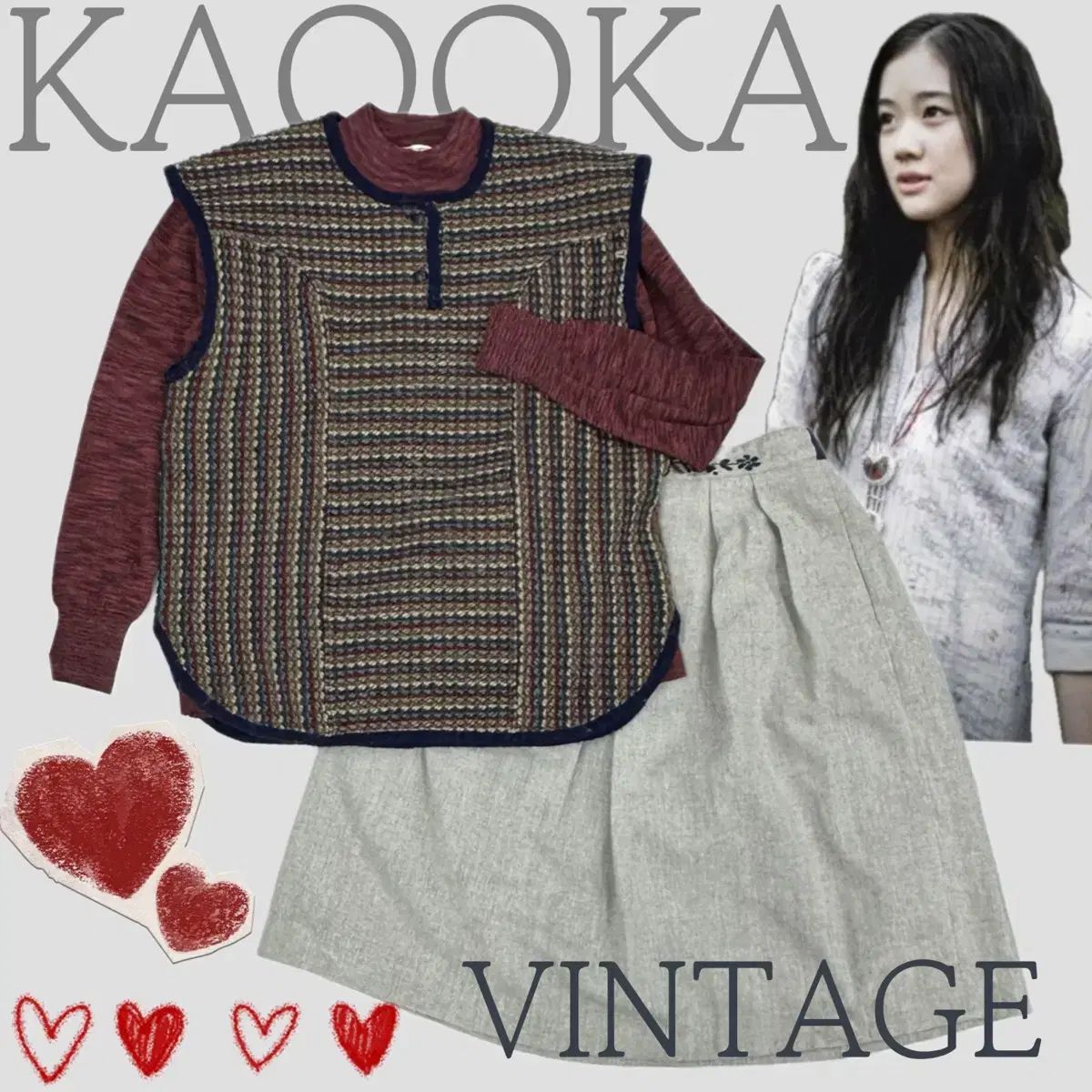 日本ヴィンテージ レイヤード エスニック 森ガール ニット ベスト スカート ミディ丈 刺繍 コーディネートセット