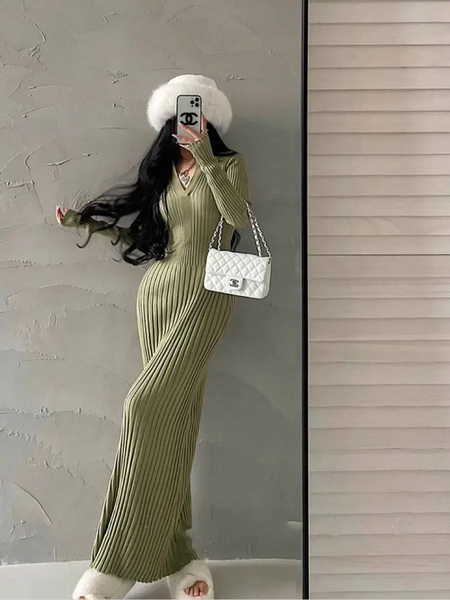 海外配送 秋 冬 グレー ベージュ ニット ロング ワンピース