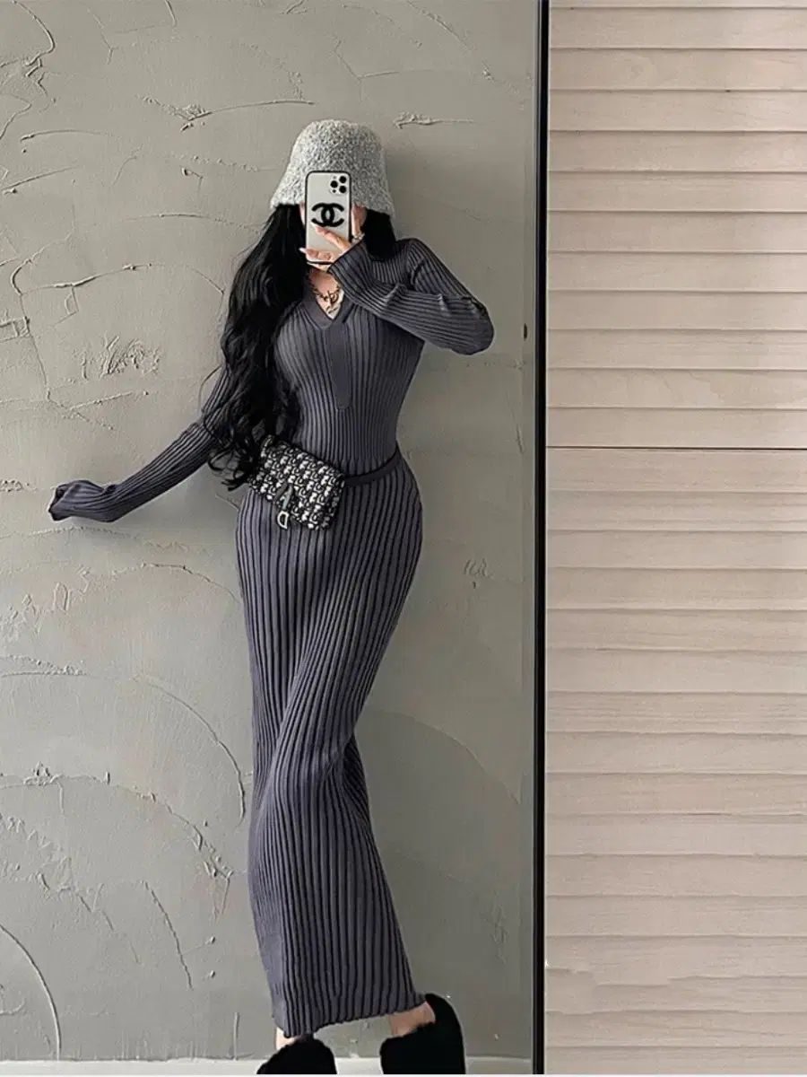  海外配送 秋 冬 グレー ベージュ ニット ロング ワンピース 長袖 七分袖 その他