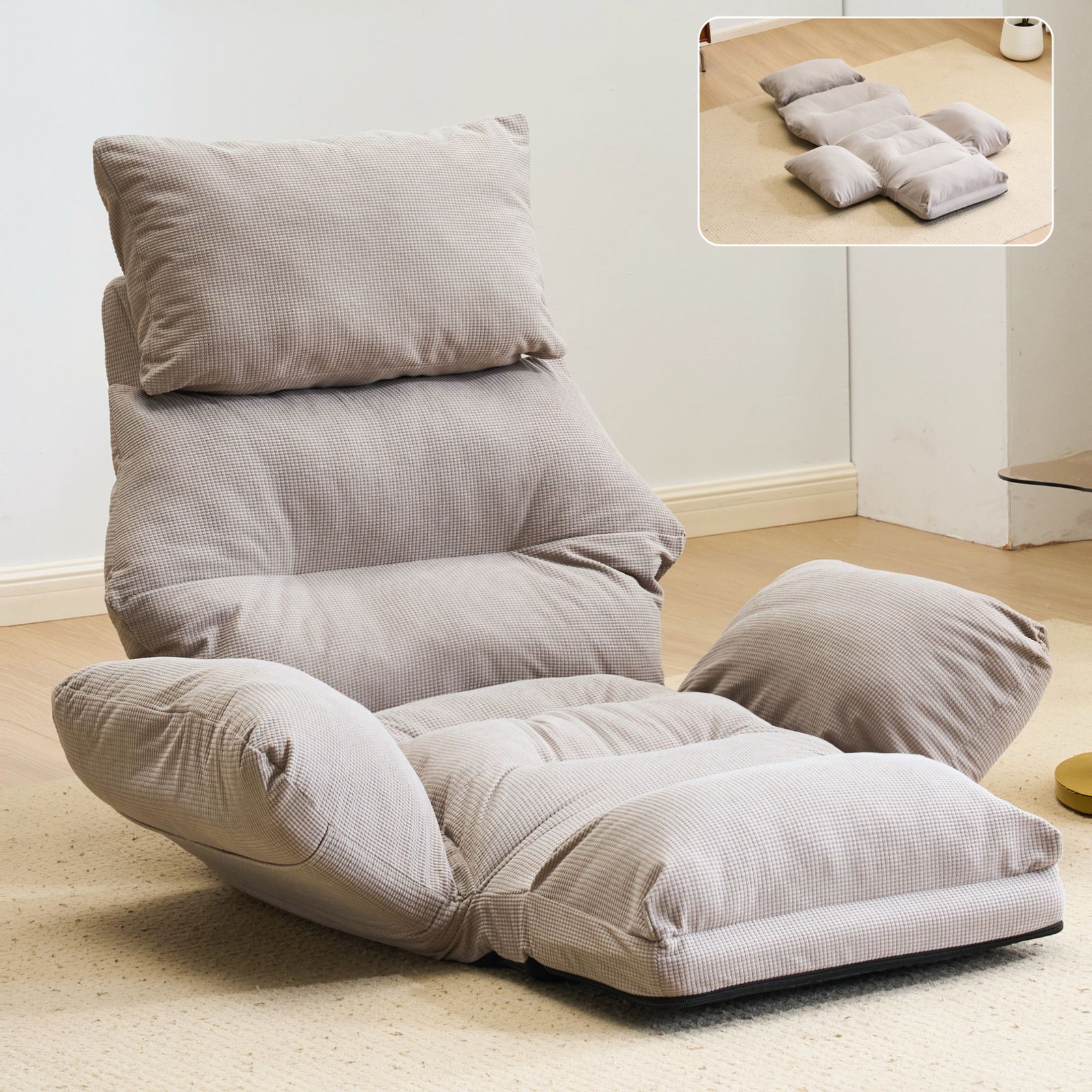座椅子 ソファーベッド 一人掛けソファ 折りたたみ式 フロアソファー 背もたれ6段調整 足元6段階調節 2 WAY ふわふわ ワッフル織り 通気性良い コンパクト 一人暮らし 寝る座る可愛いデザイン 幅最大160 cm シンプル